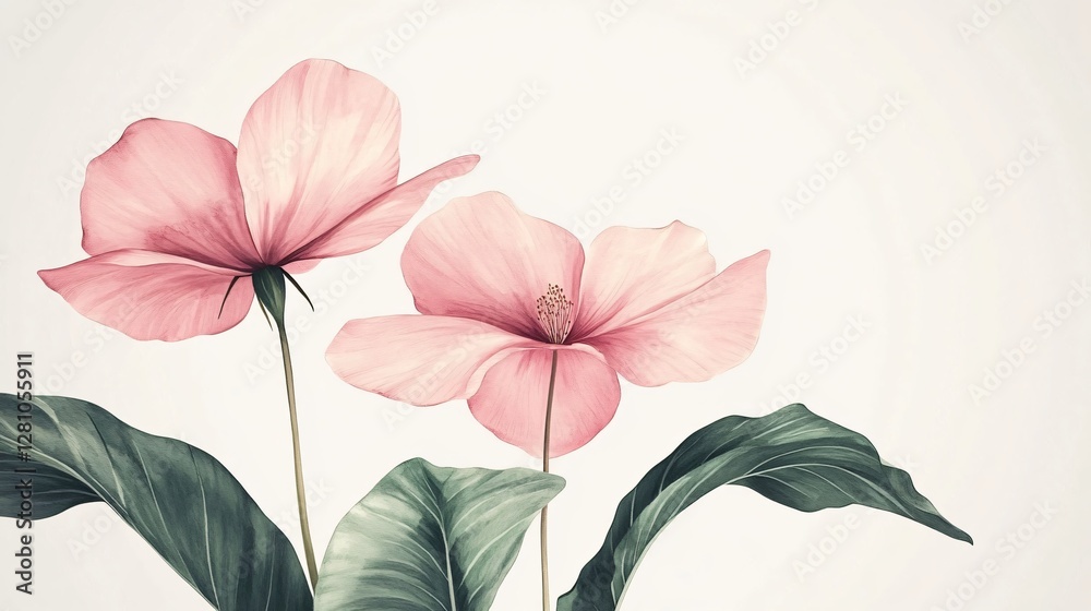 Fototapeta premium Watercolor Painting of Pink Flowers with Lush Green Leaves