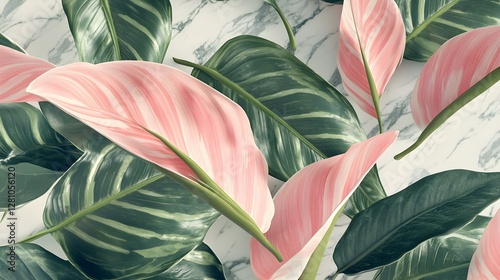 Elegant Pastel Pink and Green Leaves on White Marble Texture Background