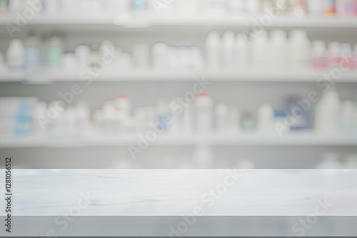 white empty table in the bottom side of the image, blurred pharmacy shelves in the background