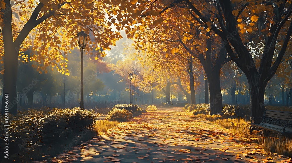 Golden Fall Leaves Scattered Across A Scenic Park Landscape