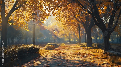 Obraz na płótnie Golden Fall Leaves Scattered Across A Scenic Park Landscape w salonie