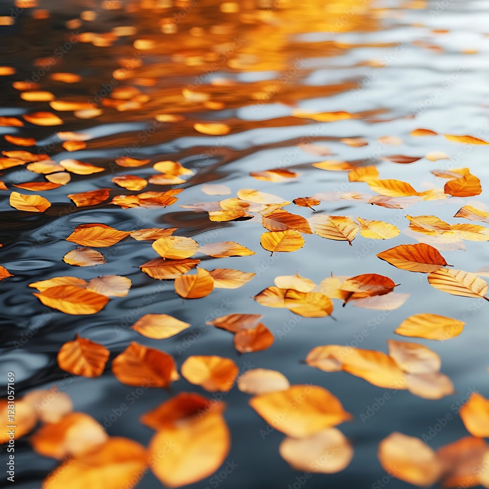 Peaceful Lake Covered With Golden Leaves Under Soft Autumn Sunlight