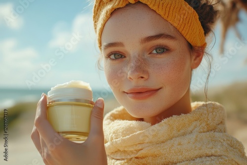 Young European woman applying nourishing cream on face, standing wrapped in towel, holding jar with new anti-aging cosmetics product, Generative AI