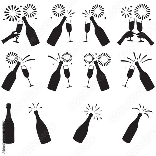 set of vector Champagne silhouette, Champagne bottle and glass fireworks cheers icon, champagne glasses, BOTTLE	
