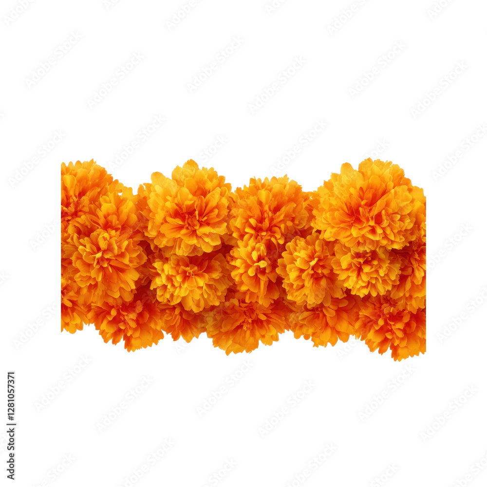 Close up of a bright garland of orange and yellow marigolds on a transparent background. perfect for decoration or holiday themes, png Close up of a bright garland of orange and yellow marigolds on a transparent background. perfect for decoration or holiday themes, png