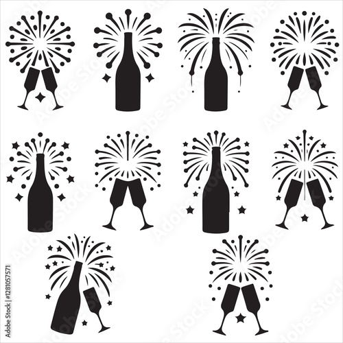 set of vector Champagne silhouette, Champagne bottle and glass fireworks cheers icon, champagne glasses, BOTTLE	
