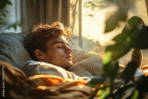 Side view of a young European man sleeping well and relaxing in the morning in the sun from the window, Generative AI