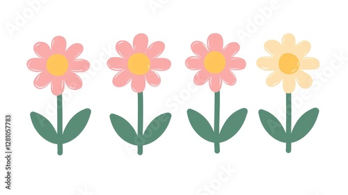 Charming Pink and Yellow Flowers Vector Illustration on White Background