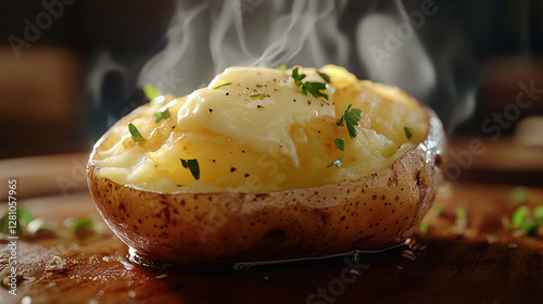 A steaming baked potato with melted butter and herbs
