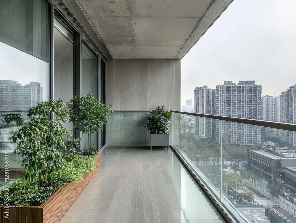 Fototapeta premium Modern Urban Balcony with Plants and a City View