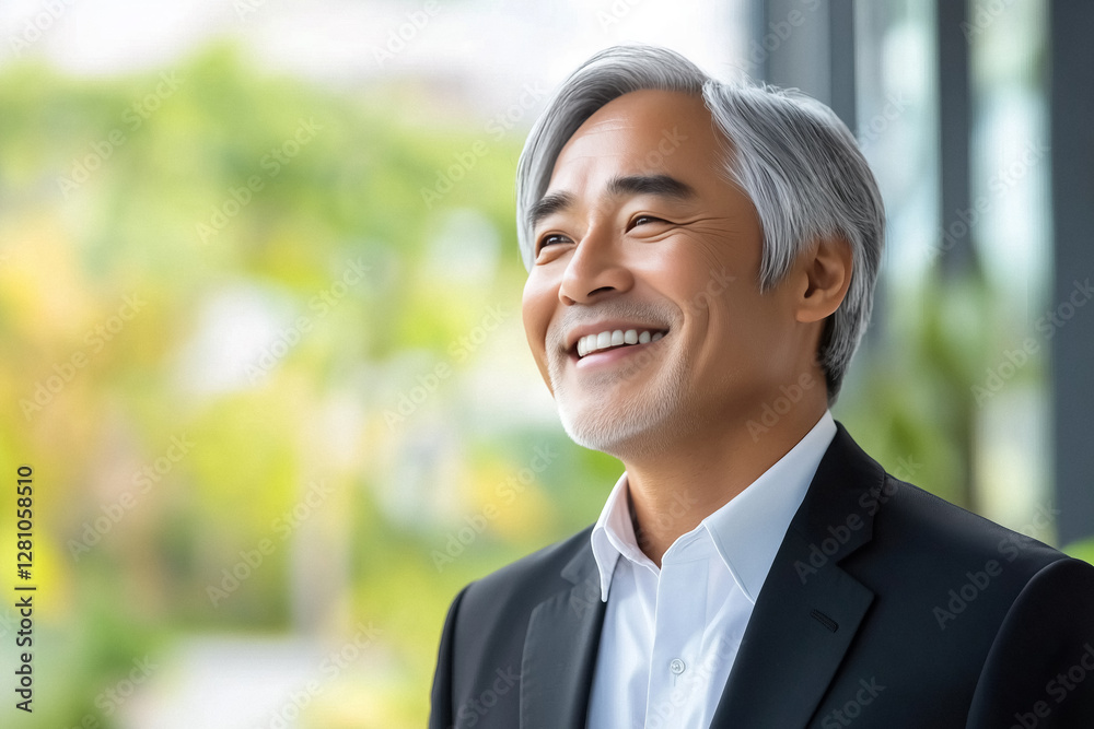 Smiling Asian businessman in suit away with hope and optimism against nature inspired backdrop