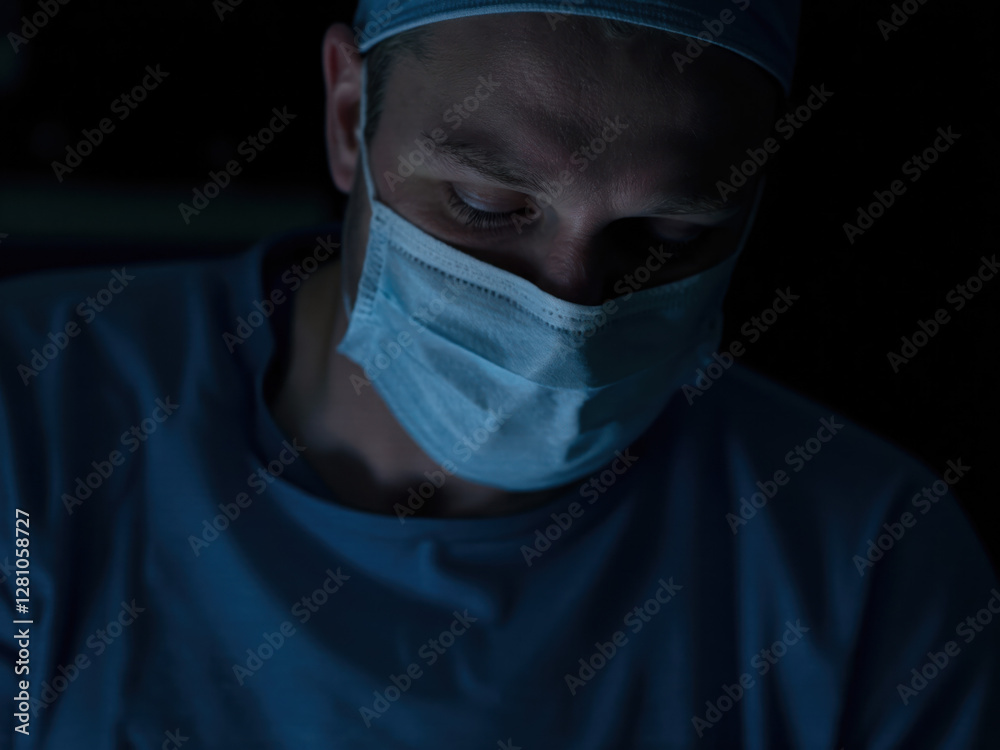 A person wearing surgical equipment is standing, with a surgical bandage covering their face. A person wearing surgical equipment is standing, with a surgical bandage covering their face.