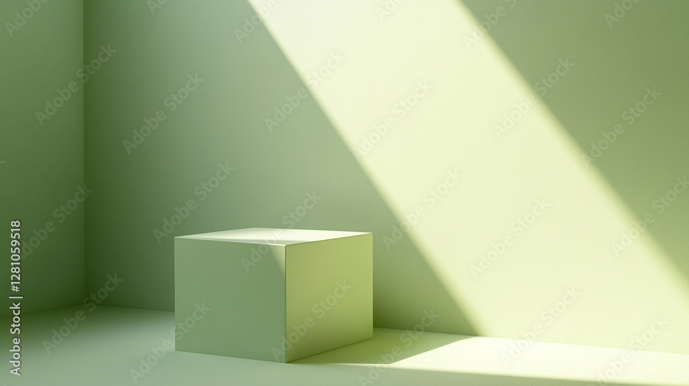 Fototapeta premium A square green podium sits in an empty corner under a shaft of light.