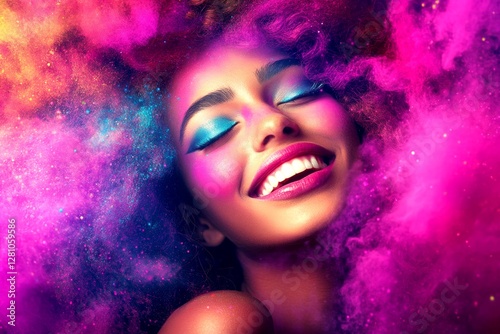 Commercial digital ads conceptual art. Gorgeous happy mixed-race girl - for ads, print and social online banner ad use. Long trim - curly hair. African model beauty inspiration.