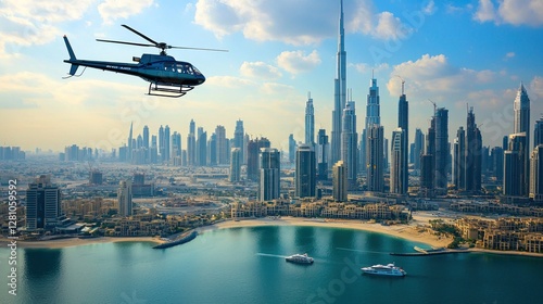 Helicopter Flying Over a City