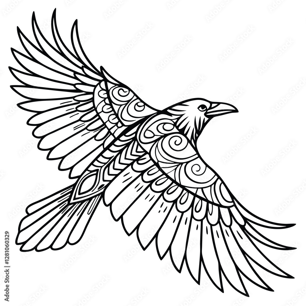 Obraz premium Detailed Raven Drawing: Intricate Line Art of a Flying Bird, Black and White Illustration for Coloring Pages & Tattoo Designs