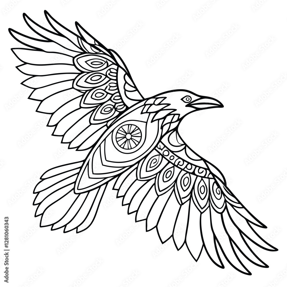 Obraz premium Detailed Raven Coloring Page: Intricate Line Art of a Flying Bird, Ornamental Design, Printable Artwork for Relaxation & Creativity