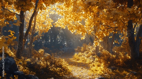 Obraz na płótnie Warm Sunlight Filtering Through A Forest With Bright Fall Foliage w salonie