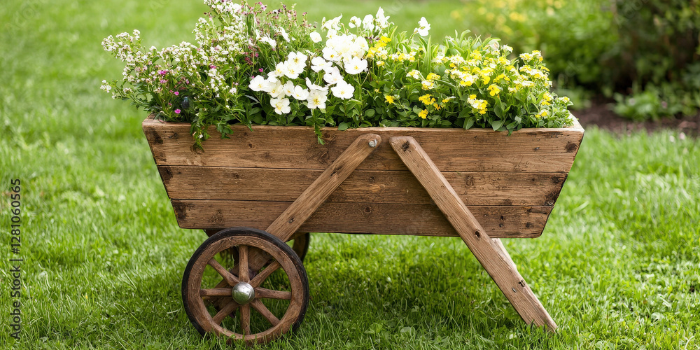 A rustic wooden wheelbarrow filled with vibrant flowers sits gracefully on a lush green lawn, adding charm to the garden. A rustic wooden wheelbarrow filled with vibrant flowers sits gracefully on a lush green lawn, adding charm to the garden.