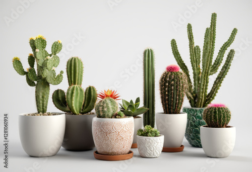 Collect various cacti and succulents in different flowerpots