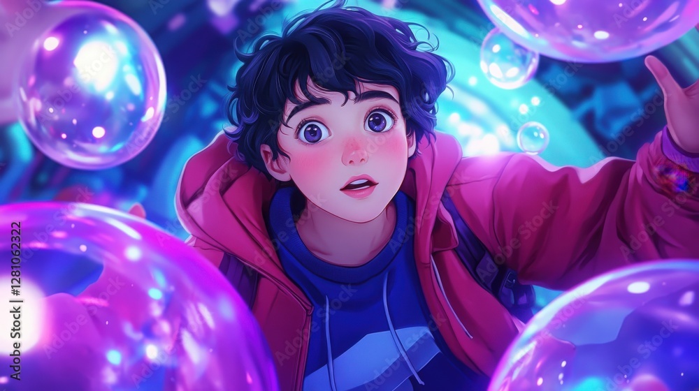 Naklejka premium Boy Surrounded By Colorful Bubbles