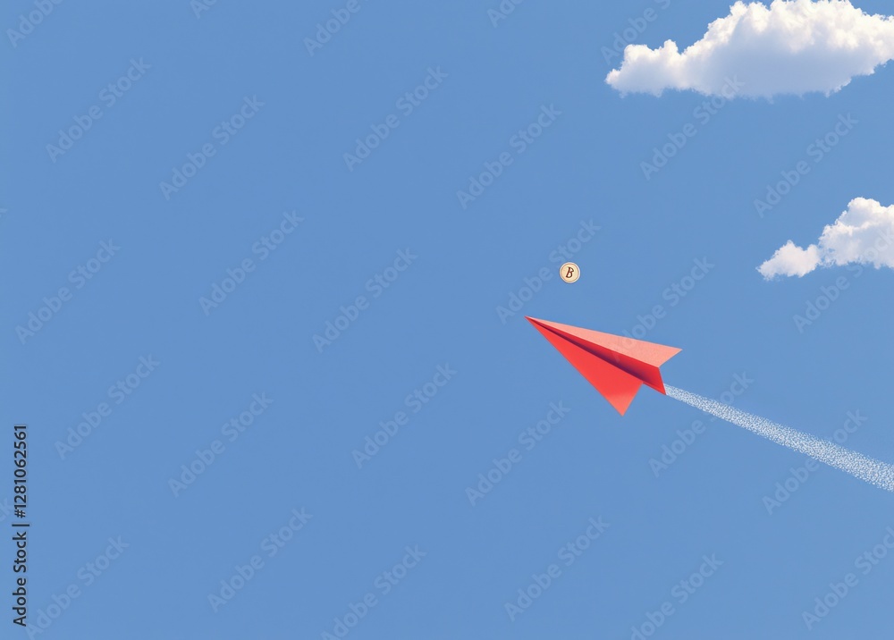 Naklejka premium A creative design icon, featuring a 3D paper airplane with a gold coin, is isolated on a blue background, symbolizing the financial business concept, including money transfer, online payment, and