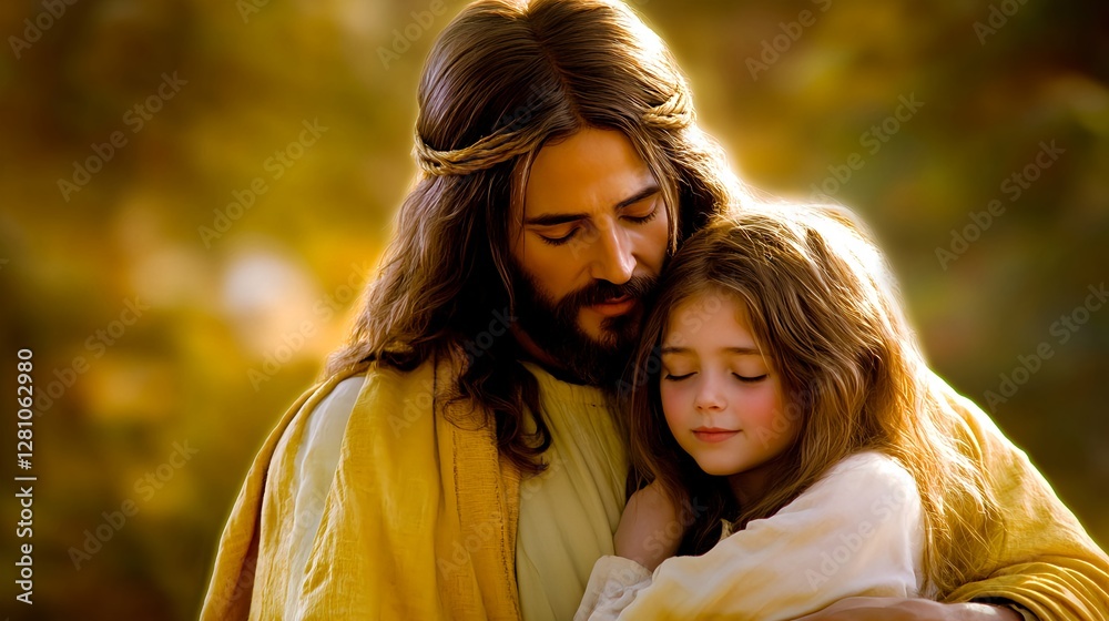 Fototapeta premium Jesus Embracing Young Daughter in a Warm and Content Moment