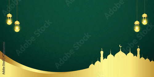 Golden islamic greeting card banner design with luxury mosque and lantern border decoration