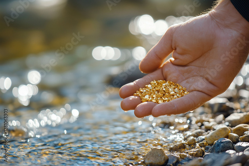 Gold prospector sifting gold nuggets on the riverbank close up background.