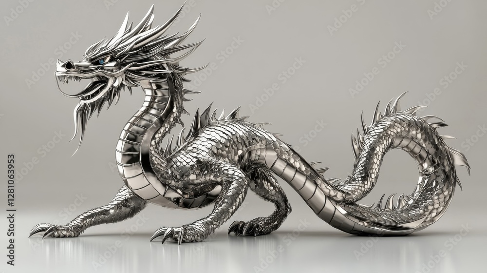 Fototapeta premium A Majestic Silver Metallic Dragon Sculpture