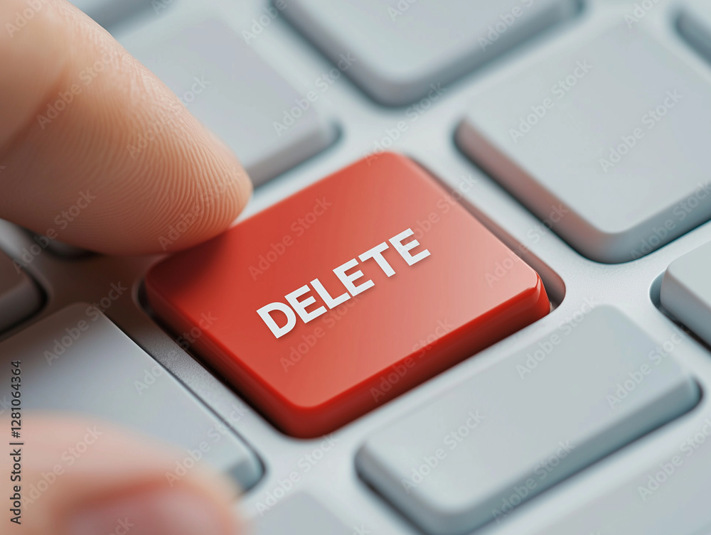 close up of finger pressing red delete key on keyboard, symbolizing action of removing or erasing data. image conveys sense of urgency and decisiveness close up of finger pressing red delete key on keyboard, symbolizing action of removing or erasing data. image conveys sense of urgency and decisiveness