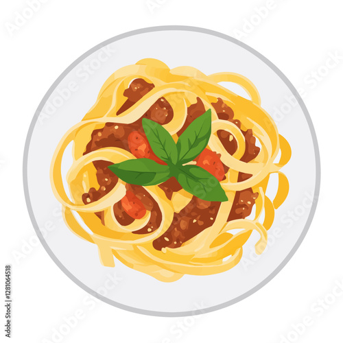 Flat vector fettuccine Bolognese, minimalist design, isolated on a white background.

