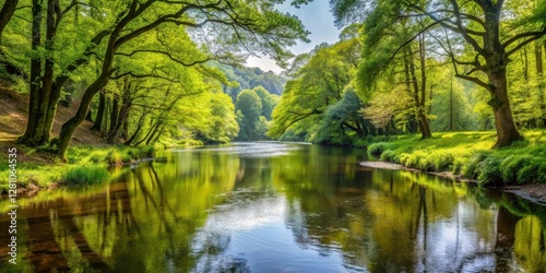 A serene forest landscape with a winding river