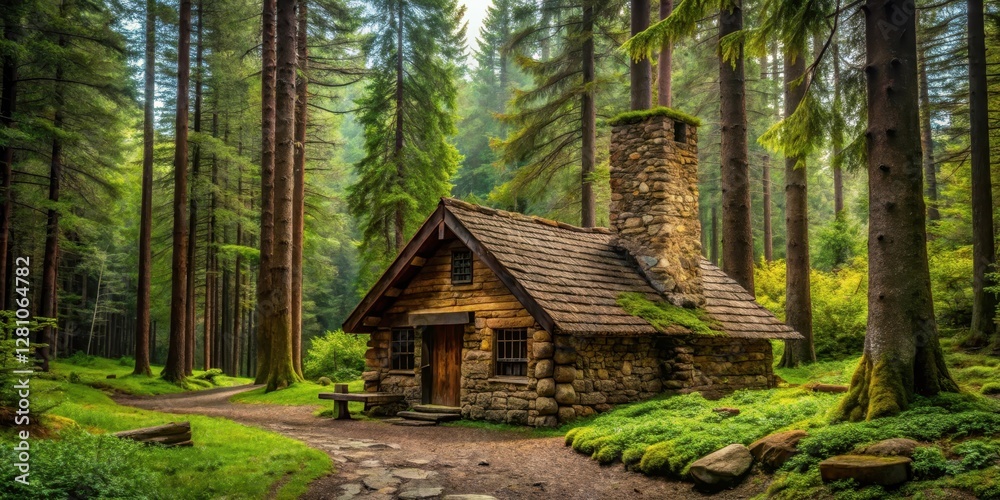 Rustic cabin in dense forest with field stone chimney surrounded by tall trees and lush greenery, farmhouse, cozy cabin life
