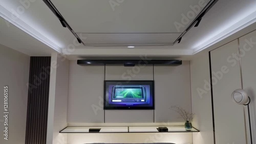 A bedroom with a retractable TV mounted on a ceiling, creating a futuristic and innovative entertainment setup.