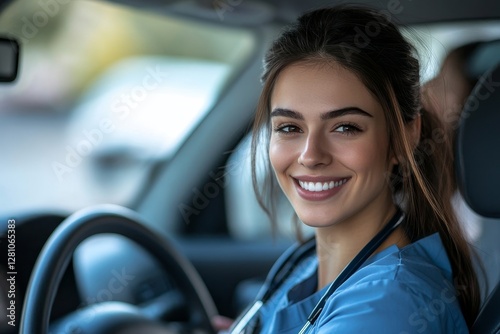 Cheerful young female doctor driving her car, smiling nurse driving home after day's work in hospital, Generative AI