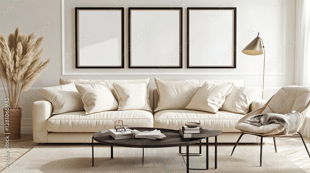 Fototapeta premium Elegant Interior with White Sofa and Black Frames on Wall
