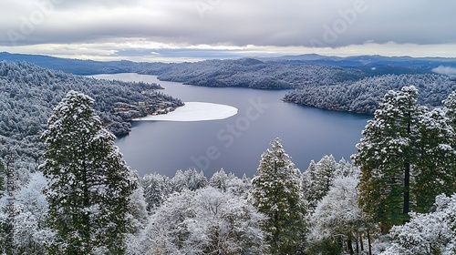 Lake Arrowhead's serene winter landscape after snowfall from panoramic view