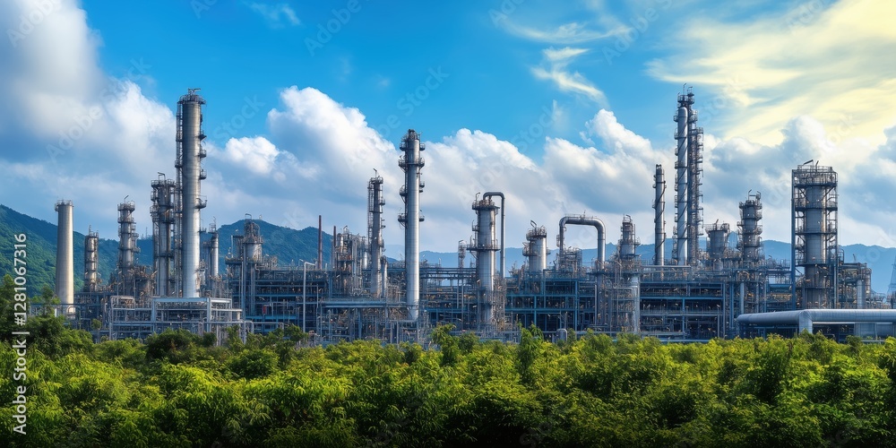 Expansive View of a Modern Oil Refinery Surrounded by Lush Greenery Under a Clear Blue Sky with Dramatic Clouds and Mountain Backdrop Expansive View of a Modern Oil Refinery Surrounded by Lush Greenery Under a Clear Blue Sky with Dramatic Clouds and Mountain Backdrop