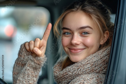 Young woman driving car and holding her hand out from the window, showing Ok, like Happy sign. Road trip, travel and freedom concept, Generative AI