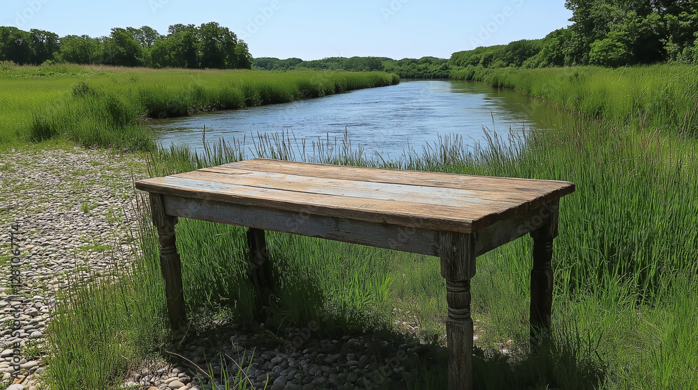 A weathered wooden table surrounded by wild grass A weathered wooden table surrounded by wild grass
