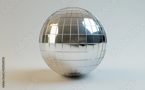 A polished silver mirror disco ball from the 2000s, set against a white background, embodies y2k nostalgia and the past millennium era, with its metallic, shiny, lustrous, and gleaming sterling