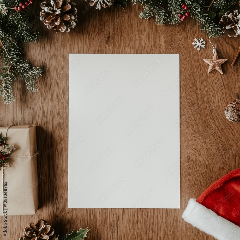 Obraz premium A vertical white paper sheet on a rustic wooden surface, surrounded by holiday decorations and gift boxes, provides a blank template for creating custom Christmas and New Year invitations, menus, or