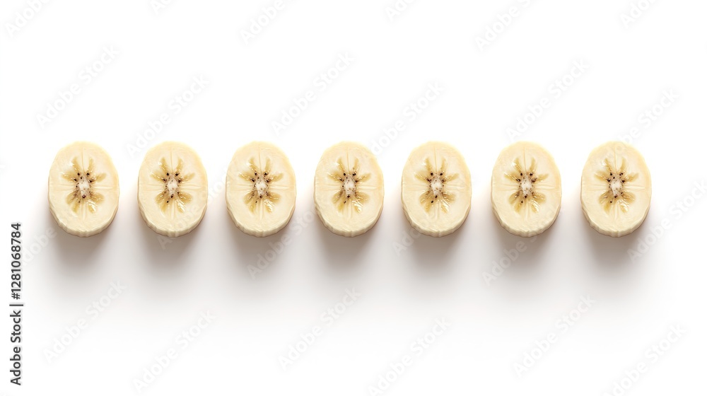 Sliced Bananas Arranged Neatly on a White Background in a Row Sliced Bananas Arranged Neatly on a White Background in a Row