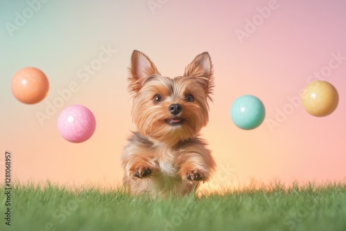 Joyful dog leaps on vibrant grass, surrounded by colorful balls,