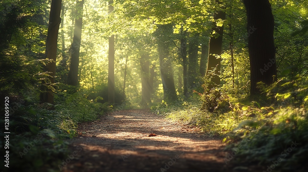 Obraz premium Tranquil forest bathed in soft sunlight, earthy tones blending harmoniously, evoking peace and natural serenity