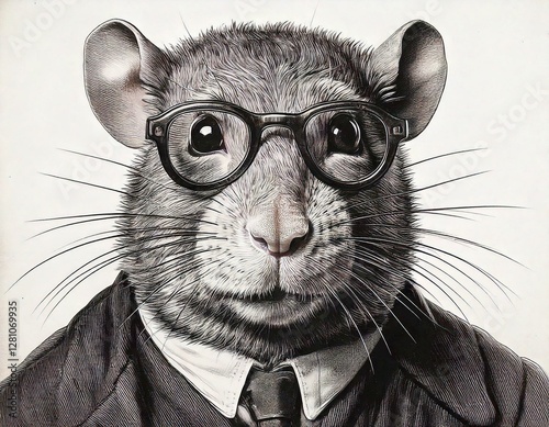 Drawing of a Mouse Wearing Glasses in a Period Costume