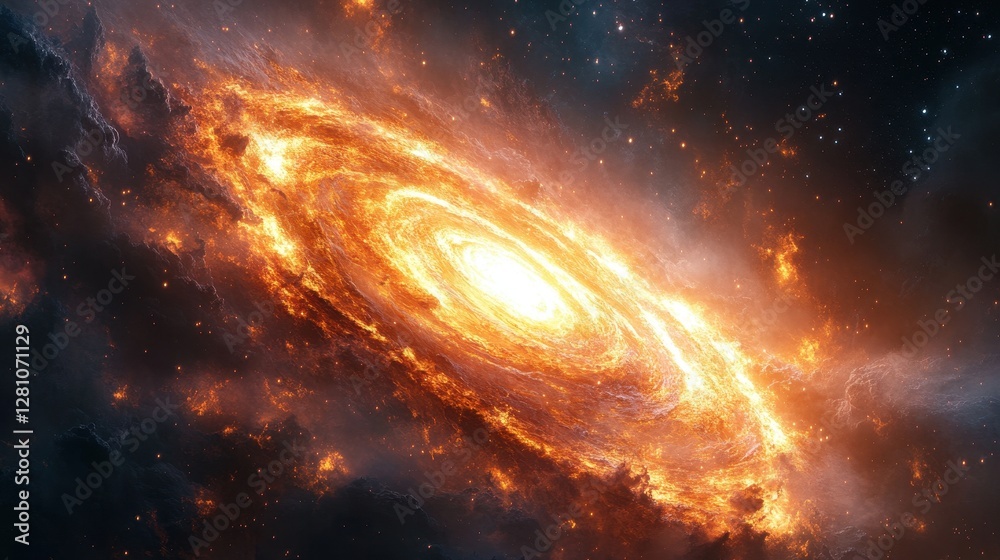 Fiery spiral galaxy, cosmic dust, space background, science fiction art Fiery spiral galaxy, cosmic dust, space background, science fiction art
