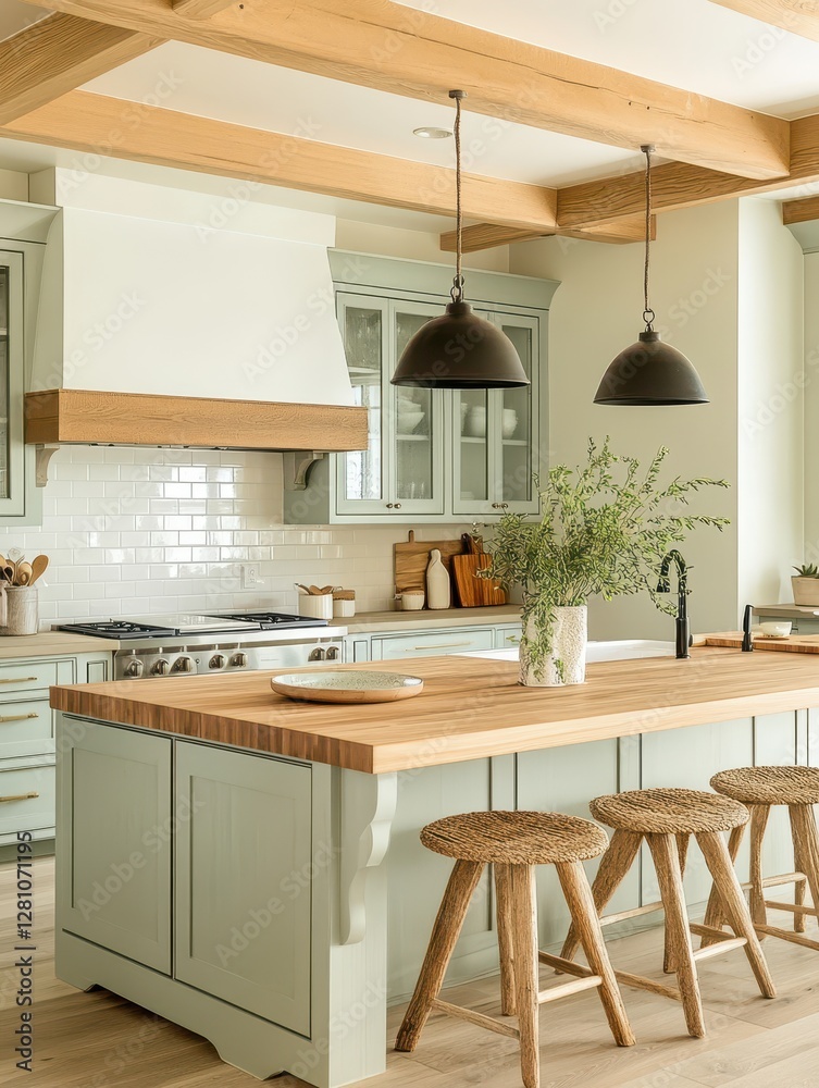 Fototapeta premium New modern kitchen featuring a rustic decor with island