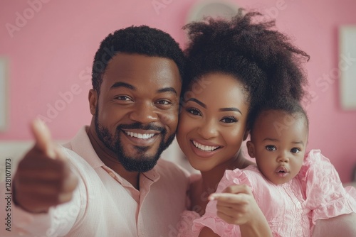 African american family pointing fingers at free space posing over pink studio background, full length. Great offer and advertisement, Generative AI